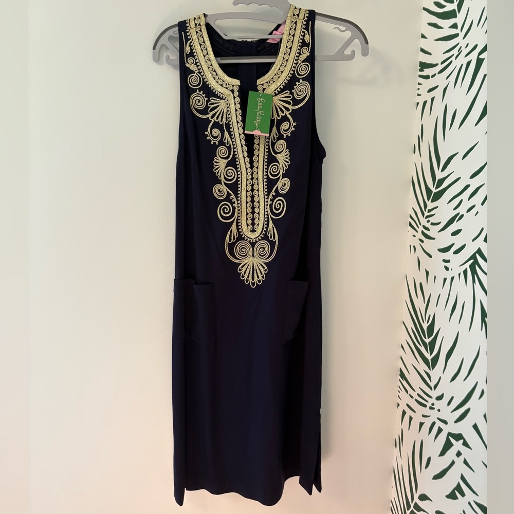 Lilly Pulitzer Blue and Gold Embellished Sheath Mini Dress